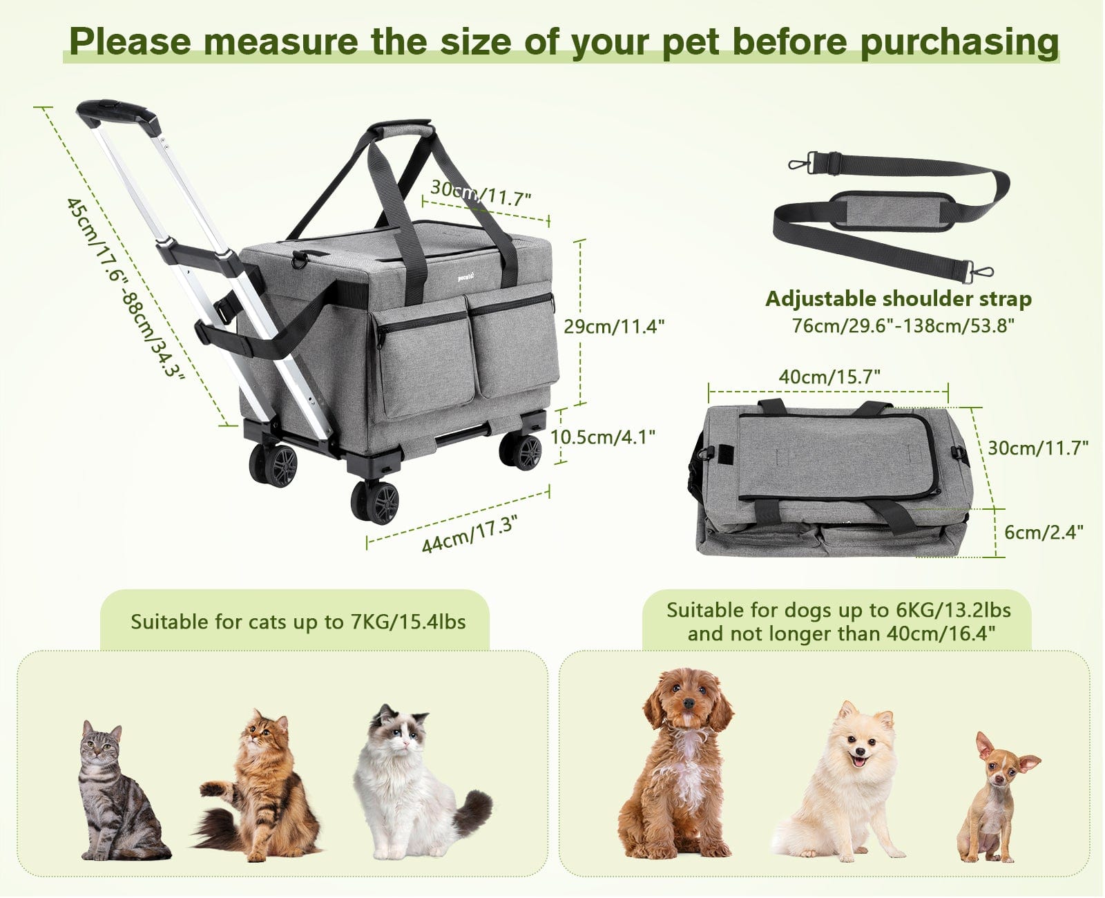 Pecute Cat Carrier with Wheels Steel Wire Frame Trolley Handbag Bag Stroller
