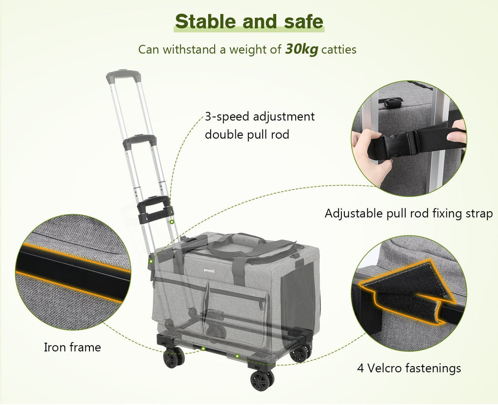 Pecute Cat Carrier with Wheels Steel Wire Frame Trolley Handbag Bag Stroller