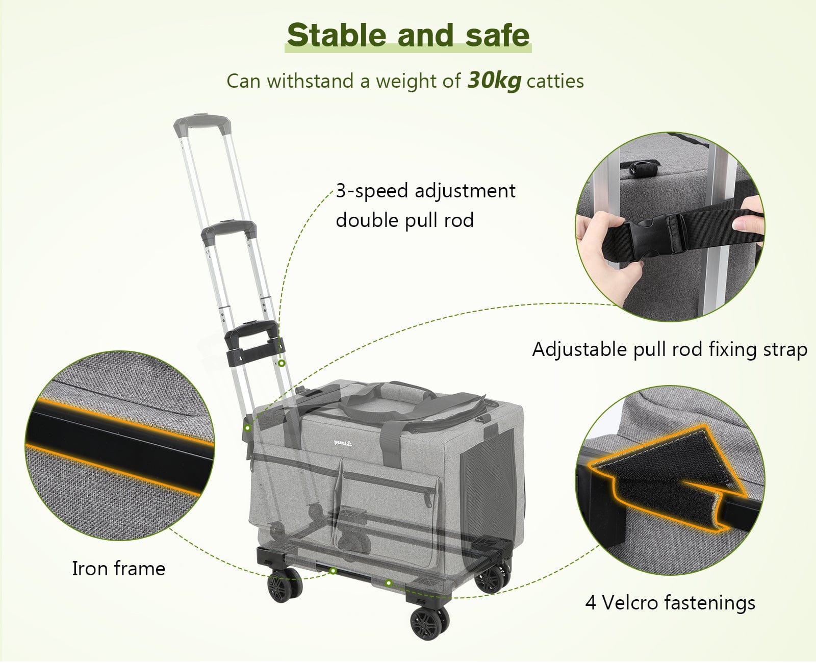 Pecute Cat Carrier with Wheels Steel Wire Frame Trolley Handbag Bag Stroller