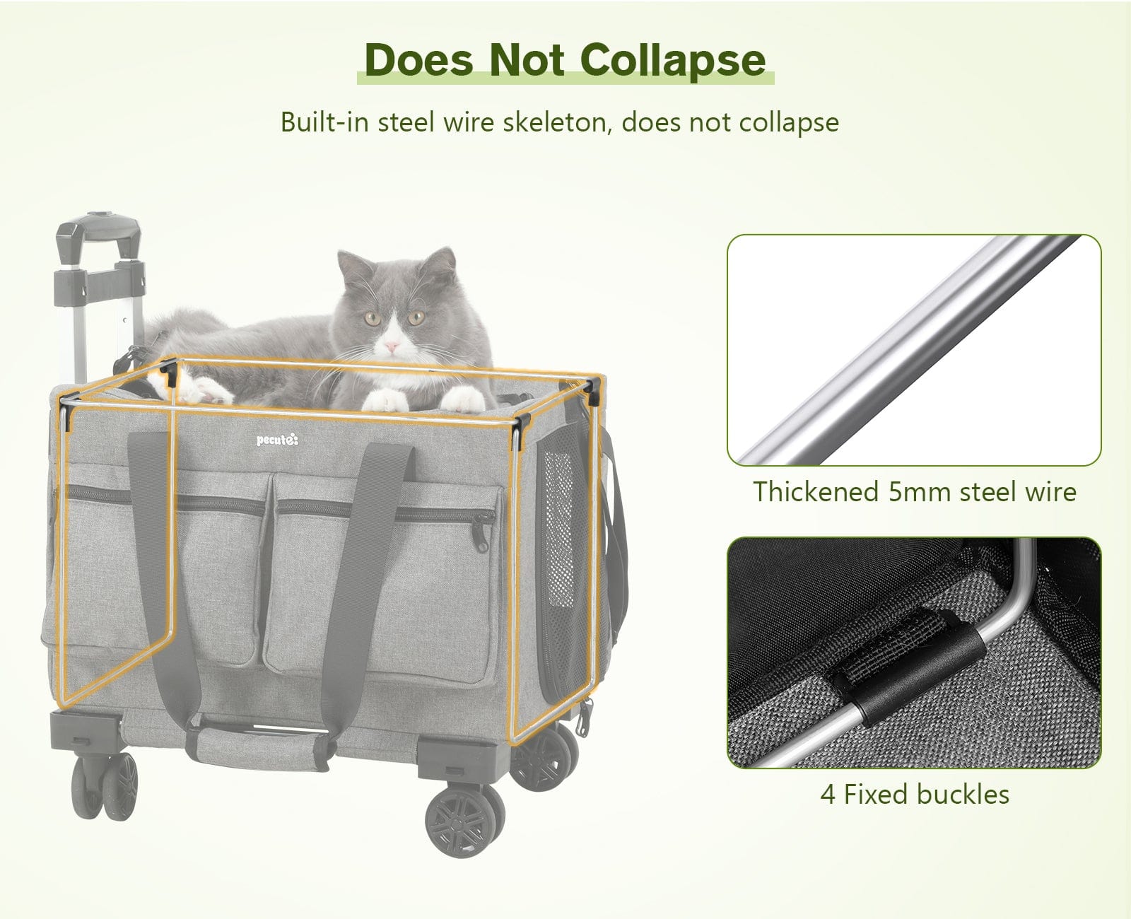 Pecute Cat Carrier with Wheels Steel Wire Frame Trolley Handbag Bag Stroller