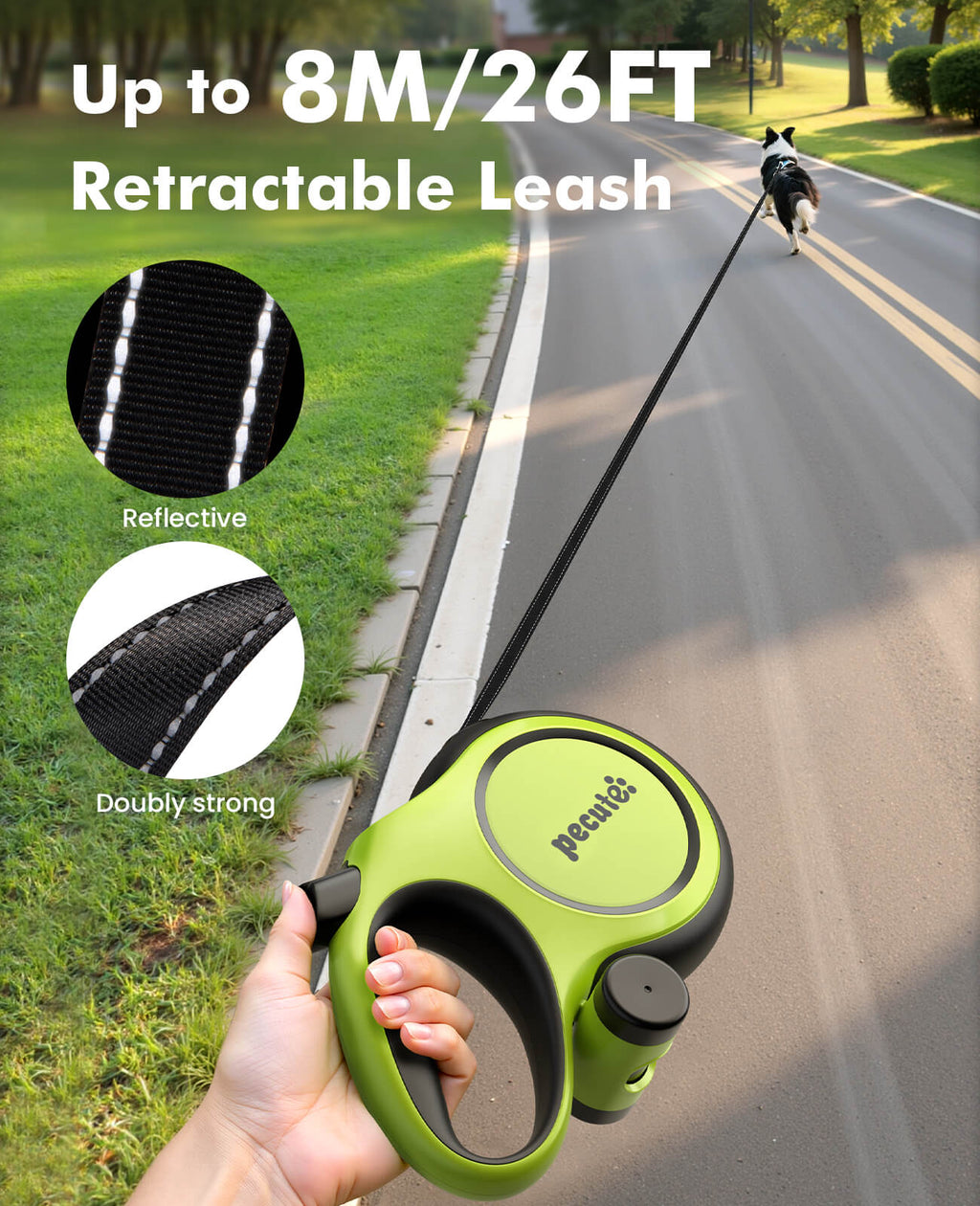 Pecute 8m/26ft Dog Lead Retractable Dog Leash with Poo Bag Holder