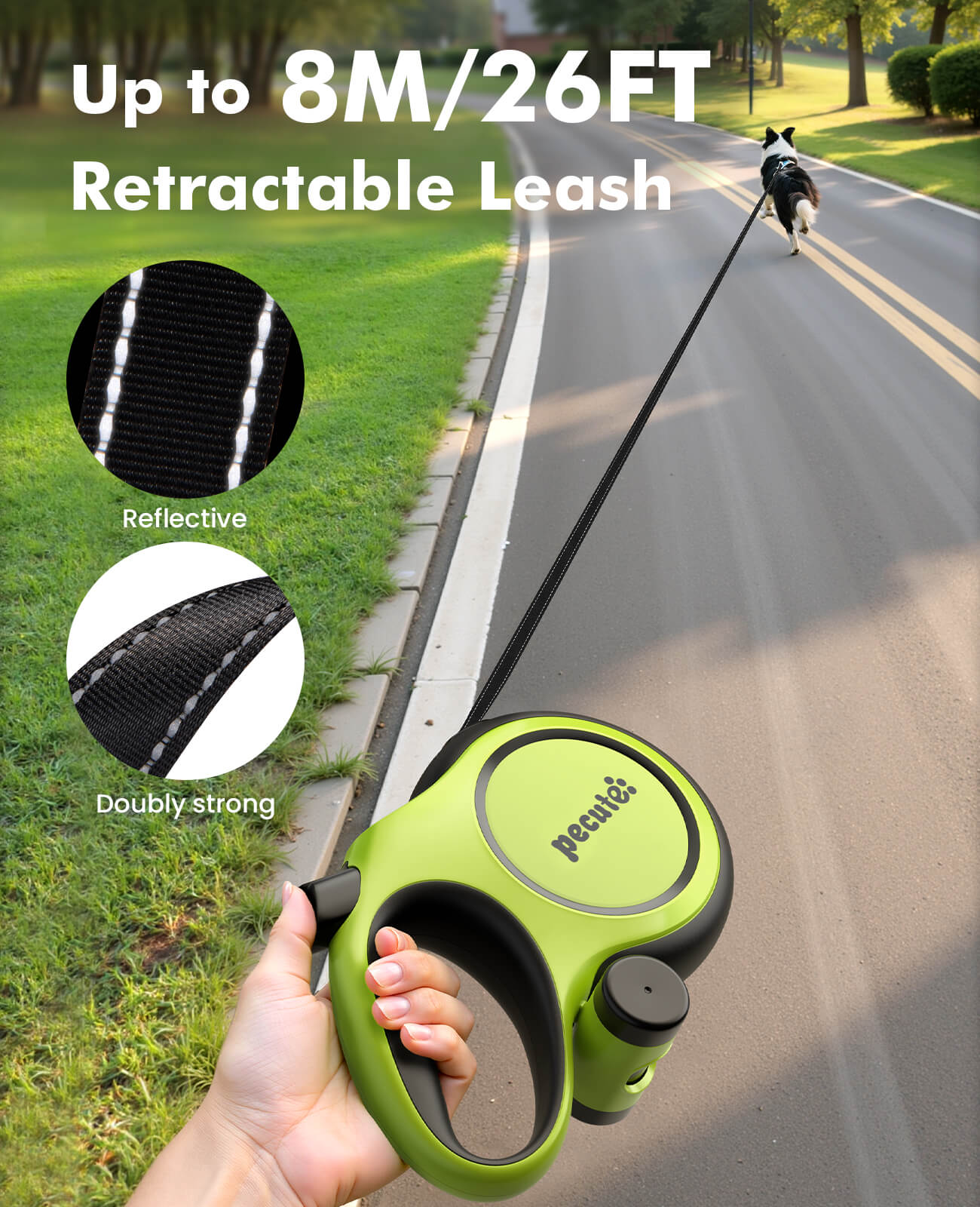 Pecute 8m/26ft Dog Lead Retractable Dog Leash with Poo Bag Holder