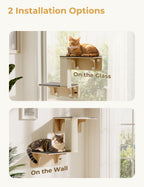 Pecute Double Cat Shelves with Cat Scratching Post for Wall Window with Solid Wood Frame
