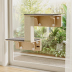 Pecute Double Cat Shelves with Cat Scratching Post for Wall Window with Solid Wood Frame