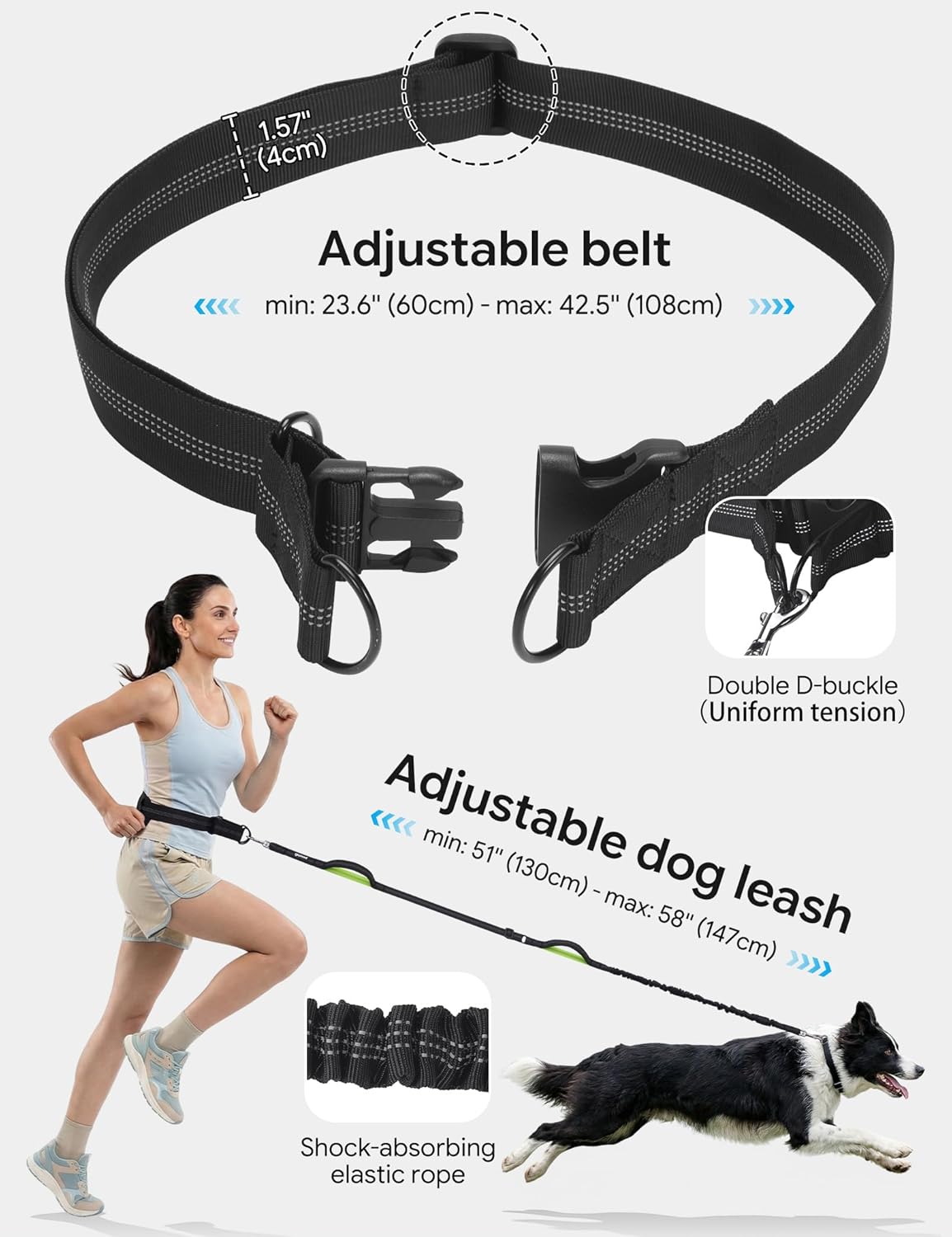 Pecute Dog Leash Hands Free Waist Leash with Pouch Removable for 33-120lbs Dogs
