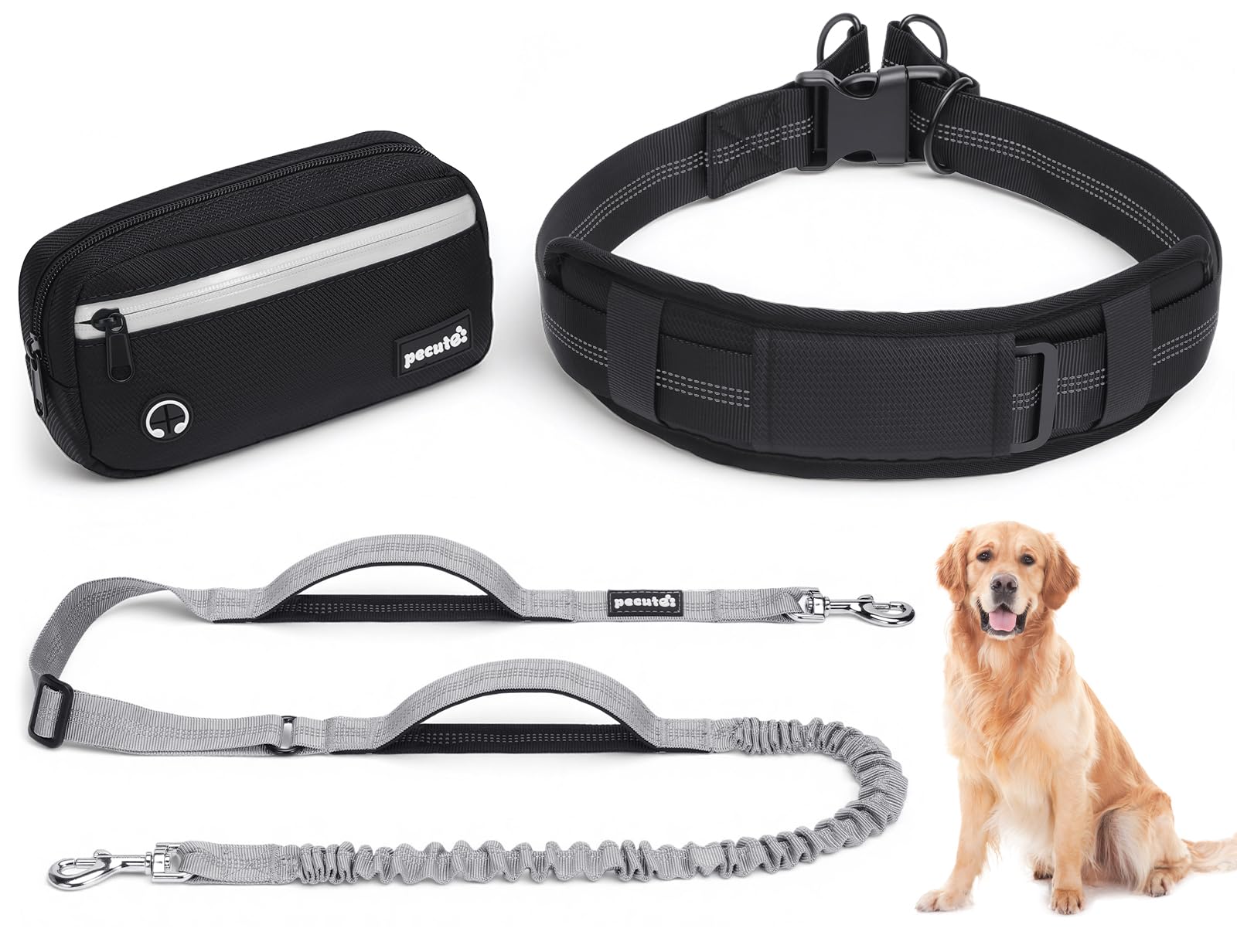 Pecute Dog Leash Hands Free Waist Leash with Pouch Removable for 33-120lbs Dogs