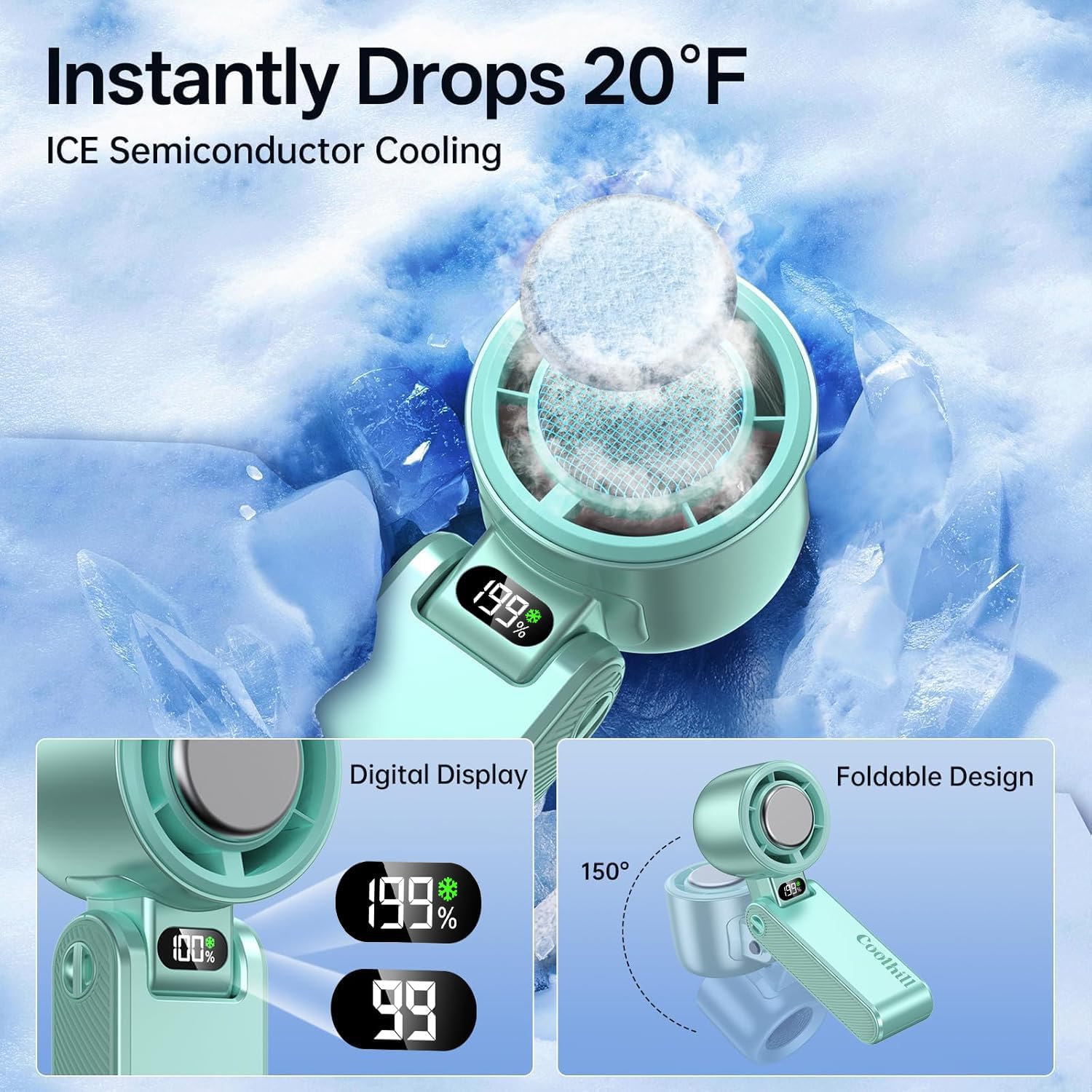 Pro Handheld Portable Fan with Ice Cooler: 199-Speed 5500mAh Rechargeable Handheld Fan, 12H Time Hand Cooling Personal Fans with 20000 RPM Air Turbo Tech for Travel Outdoor (Green)