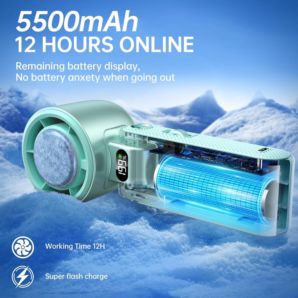 Pro Handheld Portable Fan with Ice Cooler: 199-Speed 5500mAh Rechargeable Handheld Fan, 12H Time Hand Cooling Personal Fans with 20000 RPM Air Turbo Tech for Travel Outdoor (Green)