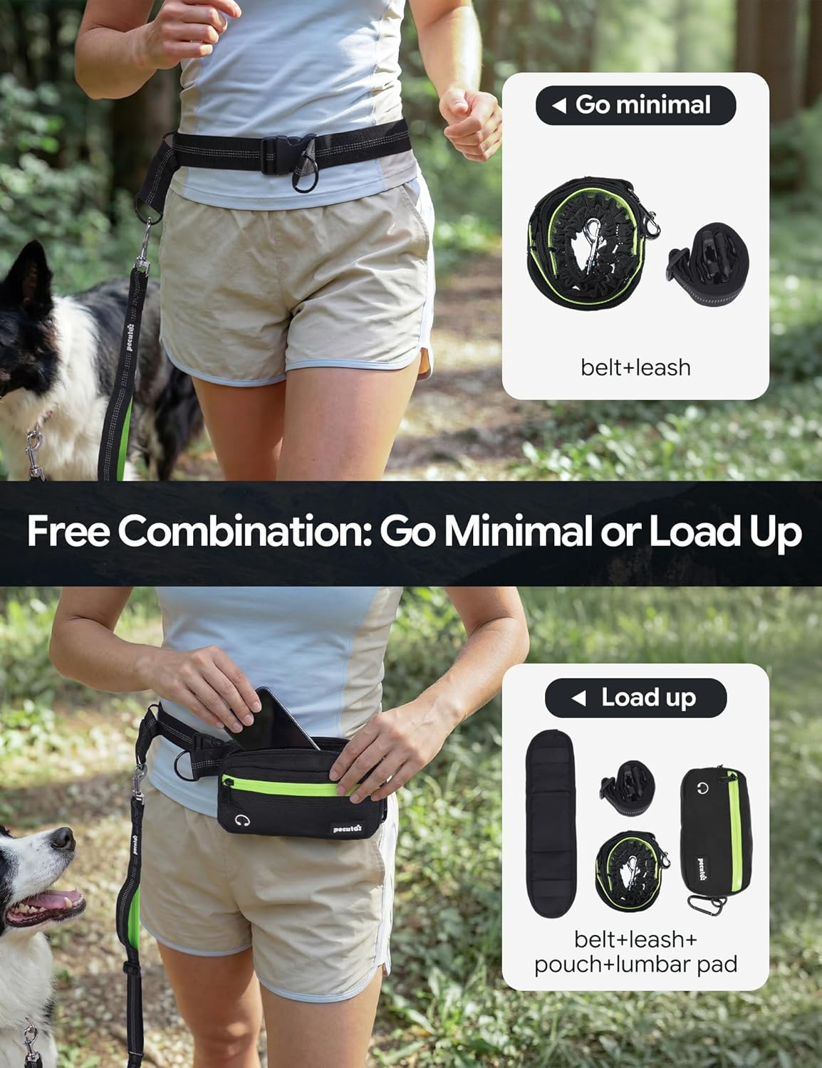 Pecute Dog Leash Hands Free Waist Leash with Pouch Removable for 33-120lbs Dogs