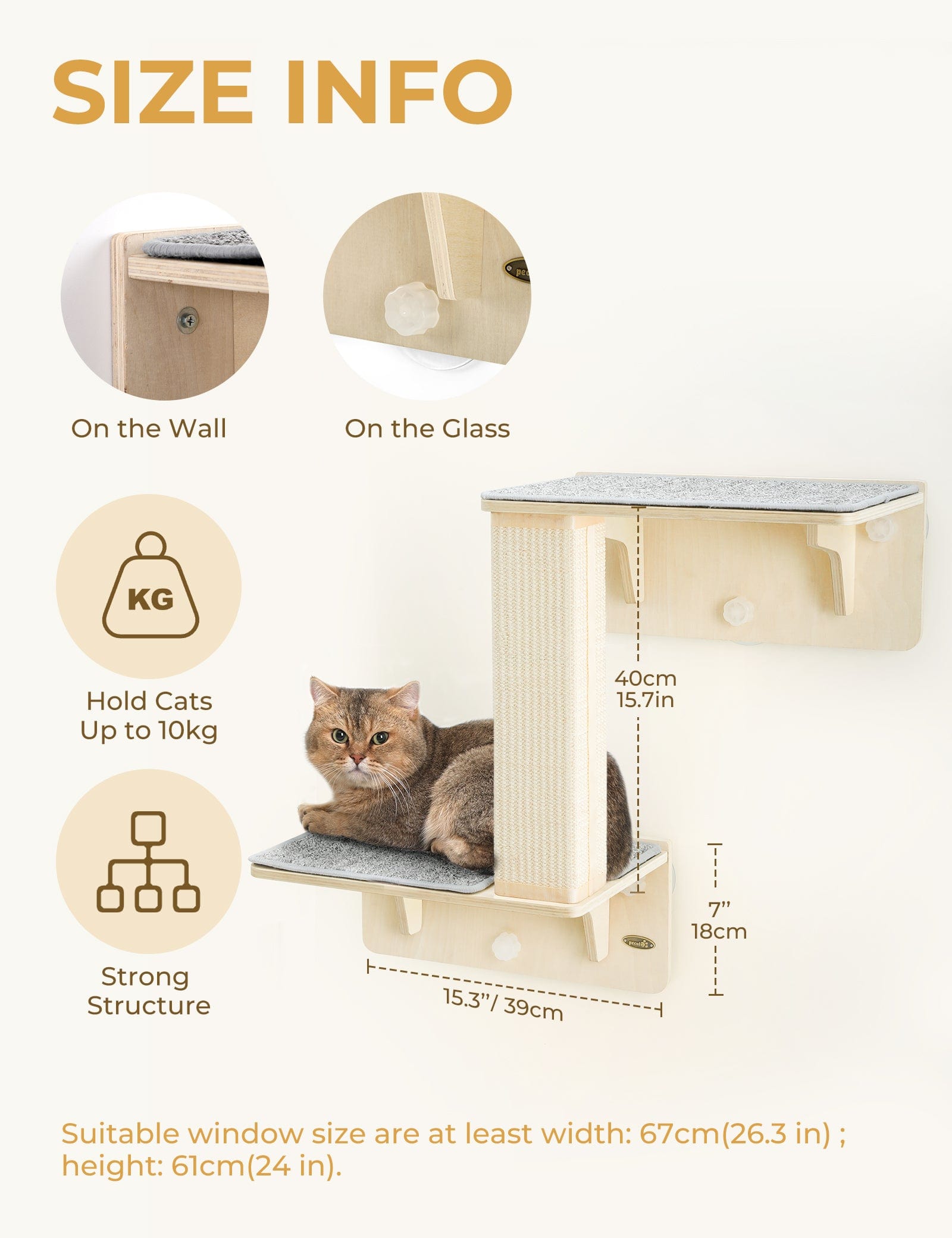 Pecute Double Cat Shelves with Cat Scratching Post for Wall Window with Solid Wood Frame