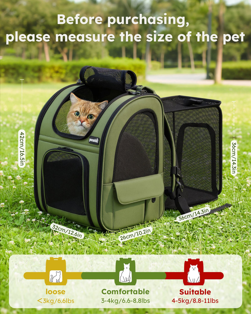 Pecute Expandable Breathable Mesh Cat Backpack Carrier (Green)