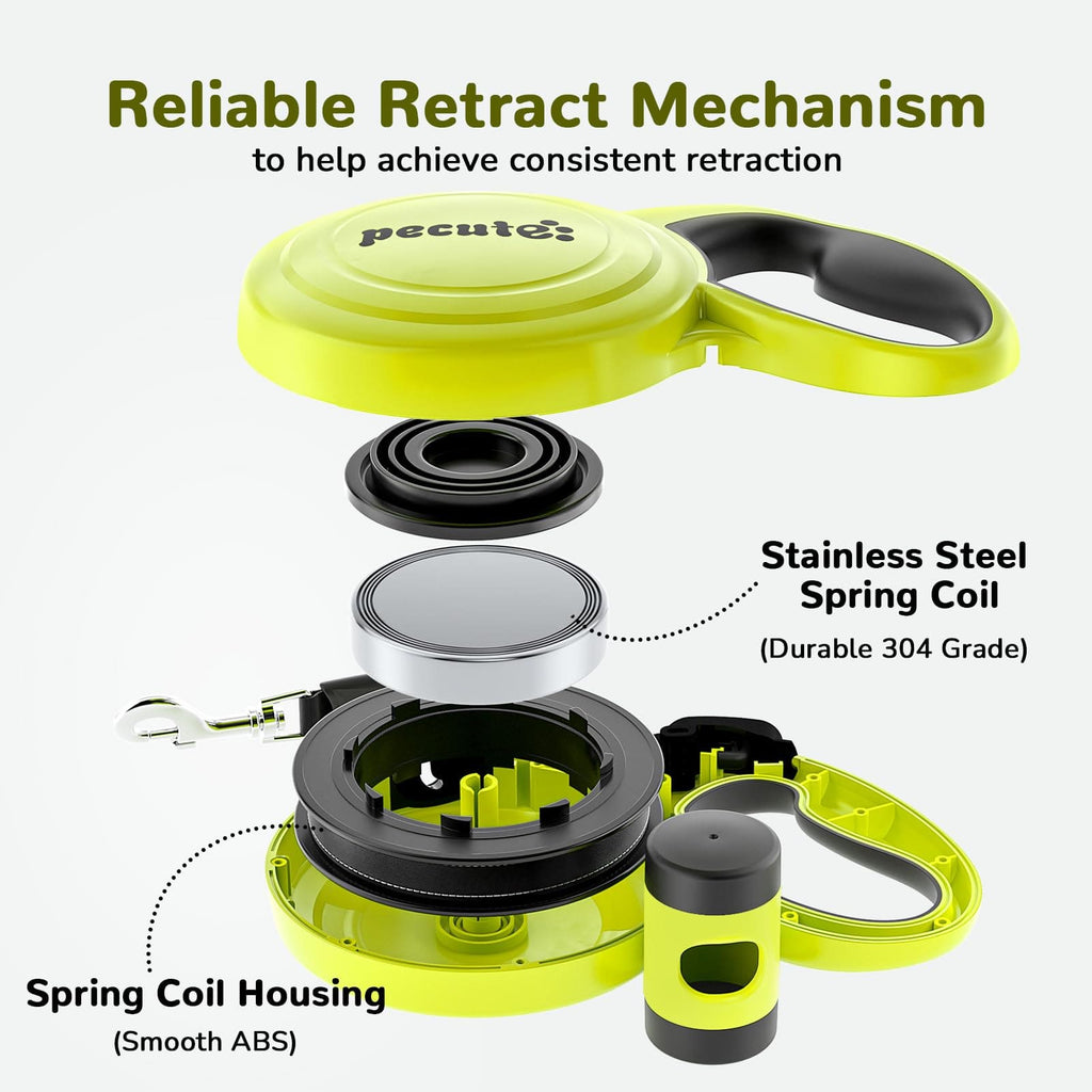 Pecute 10m/32ft Retractable Dog Leash with Dog Waste Bag Holder