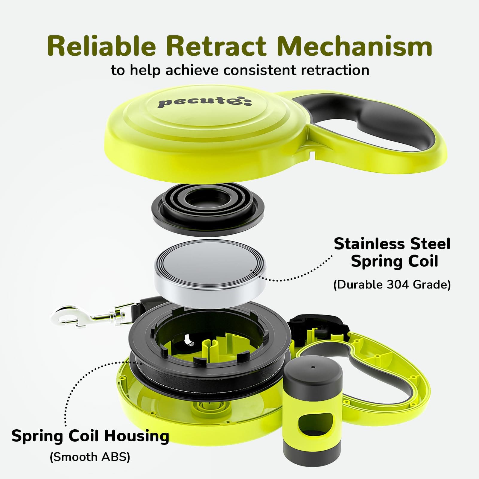 Pecute 10m/32ft Retractable Dog Leash with Dog Waste Bag Holder
