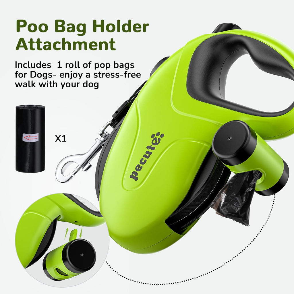 Pecute 10m/32ft Retractable Dog Leash with Reflective Strips with  Poop Bag