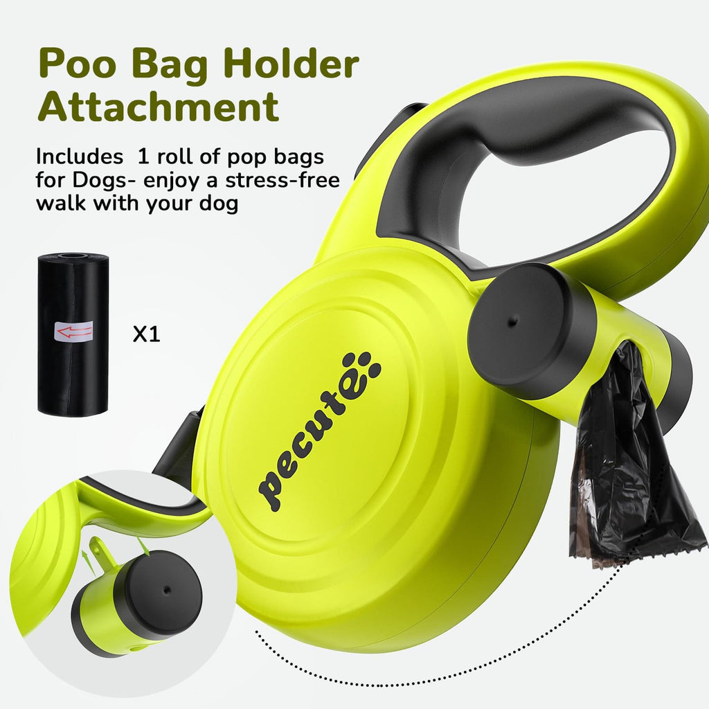 Pecute 10m/32ft Retractable Dog Leash with Dog Waste Bag Holder